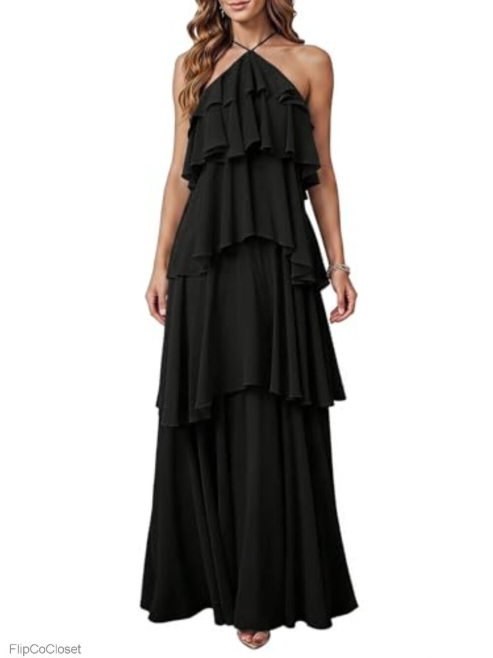 Women's Formal Maxi Dress with Ruffle, Halter Neck